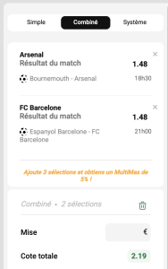 ticket analyse parions sport coupon fdj combine football premier league liga arsenal Barcelone score exact gros gains